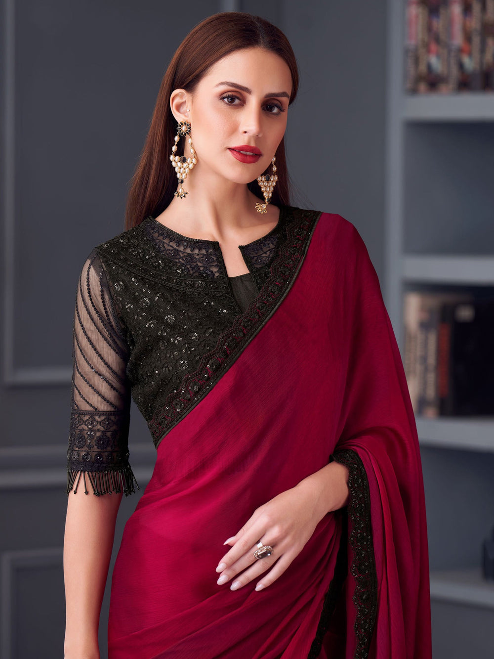 Buy Awesome Red Sequins Chiffon Saree with Blouse
