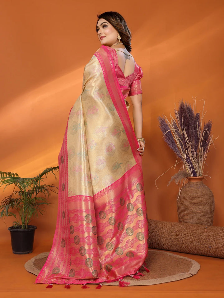 Buy Beige Banarasi Tissue Silk Saree with Paithani Design
