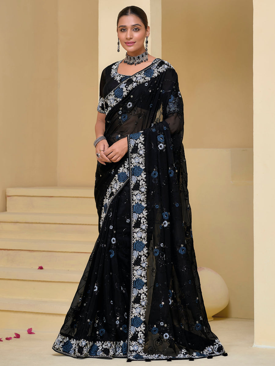 Buy Black Embroidered Organza Saree for Reception Online