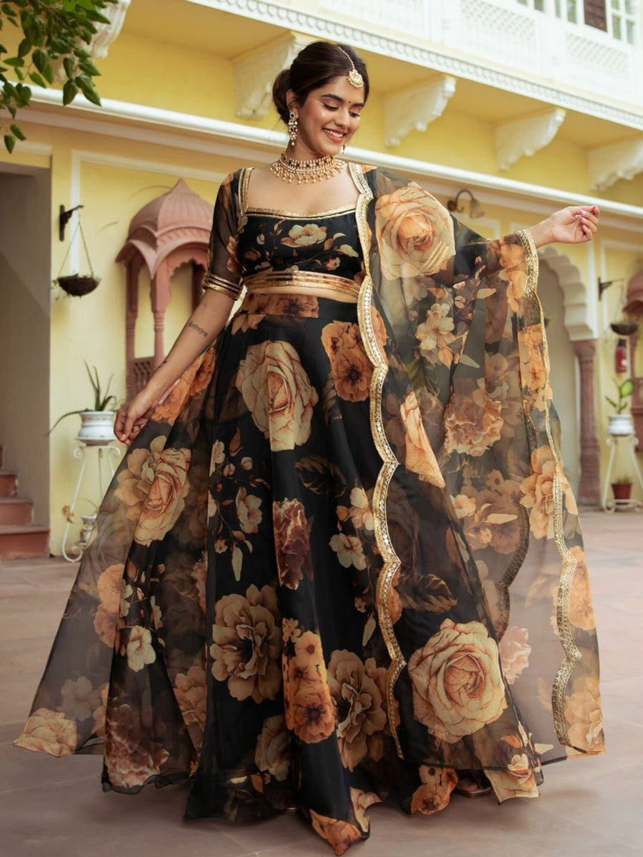 Buy Black Floral Organza Lehenga Online | SilverBin

