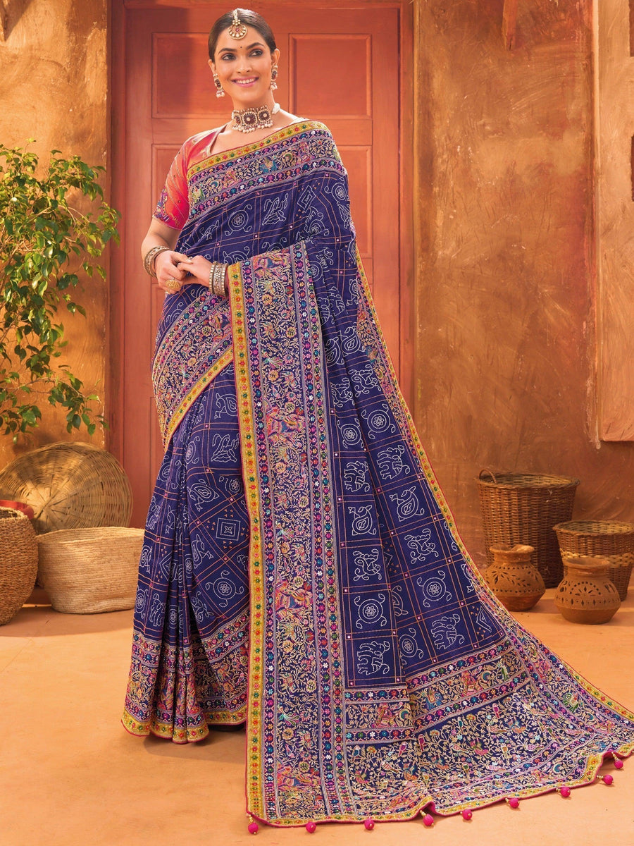 Buy Blue Banarasi Silk Saree with Mirror Work