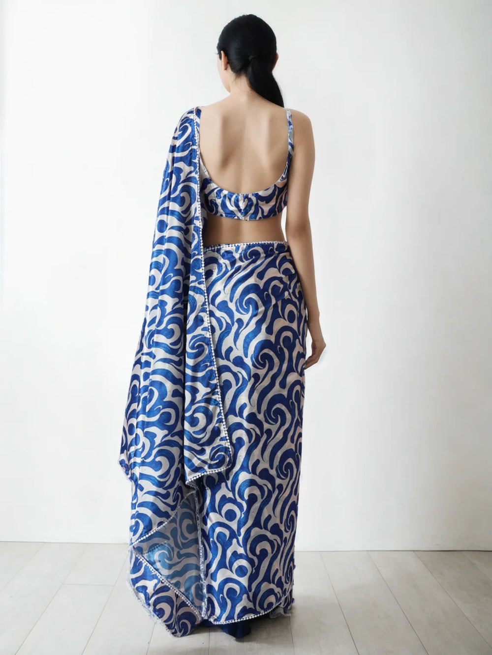 Buy Blue Chinon Saree with Lace & Print 