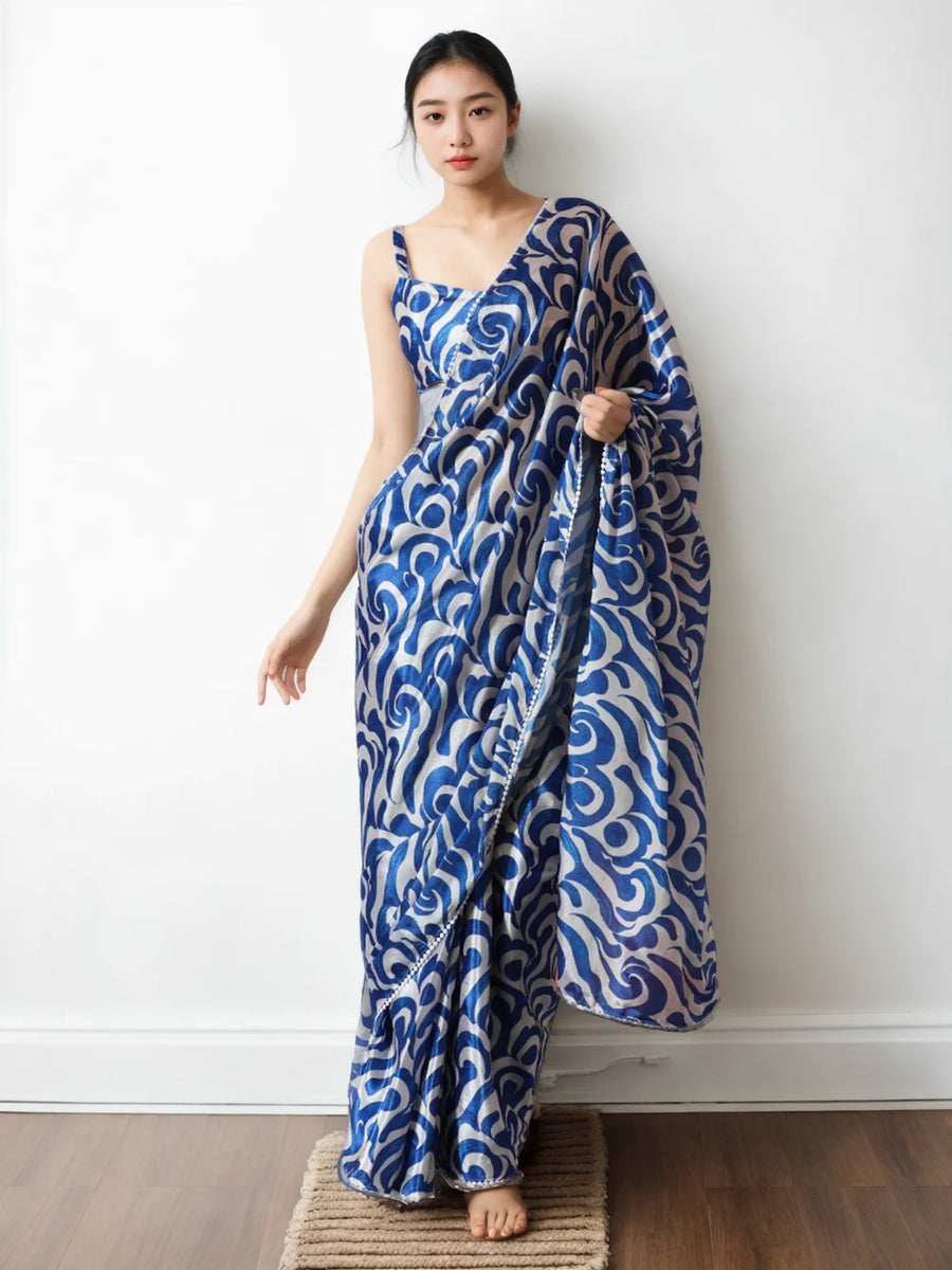 Buy Blue Chinon Saree with Lace & Print at Best Prices