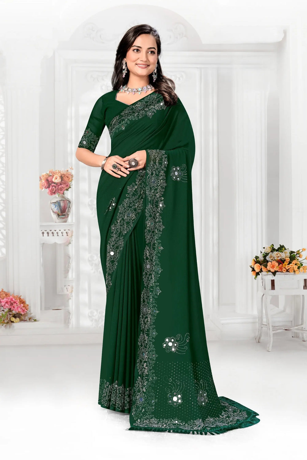 Buy Bottle Green Chinon Saree with Swarovski Work | SilverBin