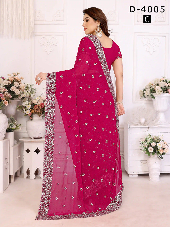 Buy Bright Pink Georgette Saree with Zari & Stone Detailing | Silverbin

