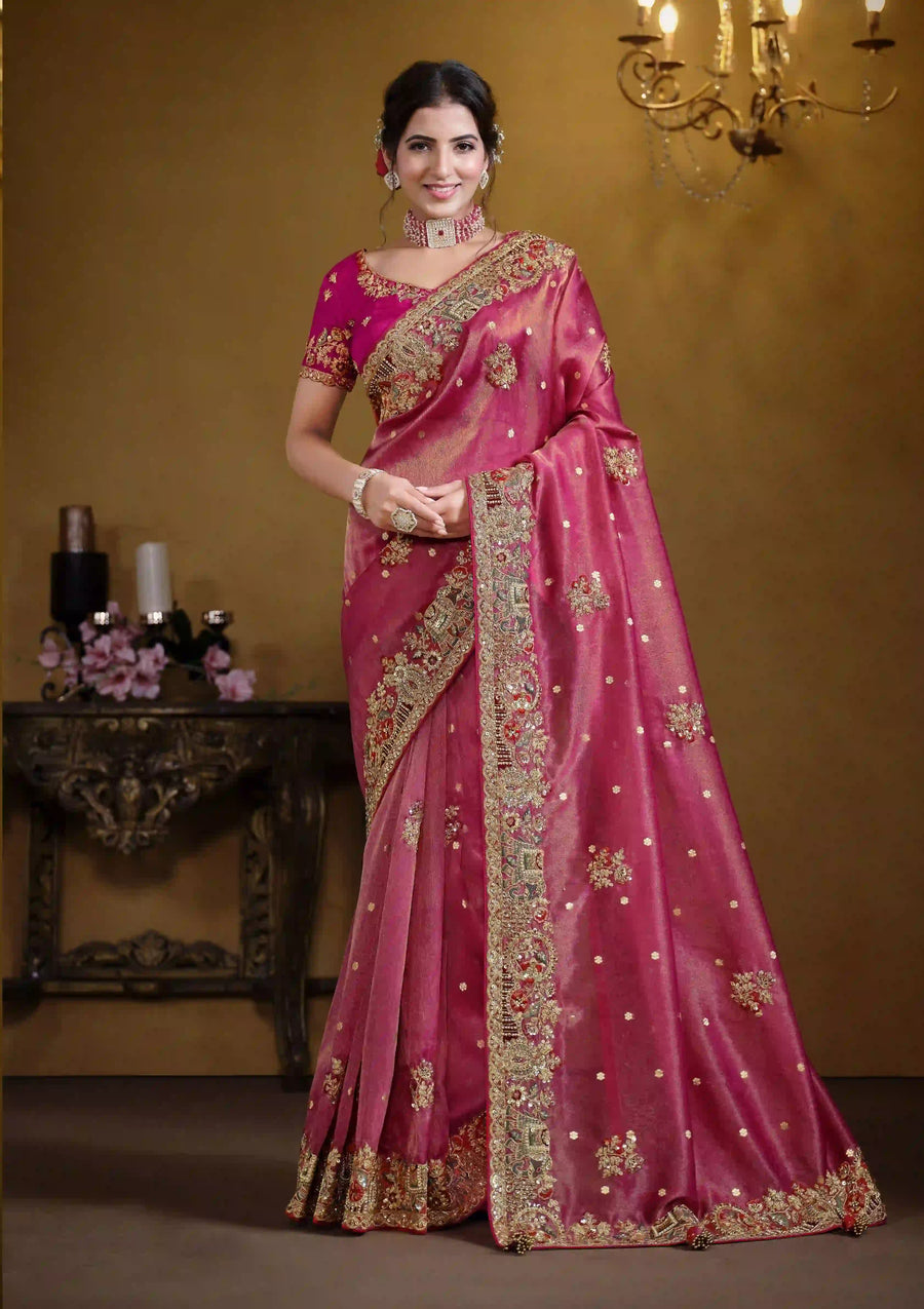 Buy Bright Pink Organza Silk Embroidered Saree