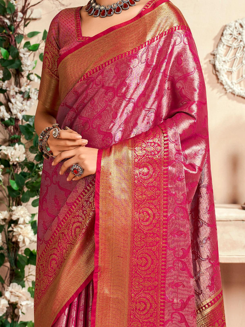 Buy Bright Pink Zari Weaving Silk Saree with Blouse