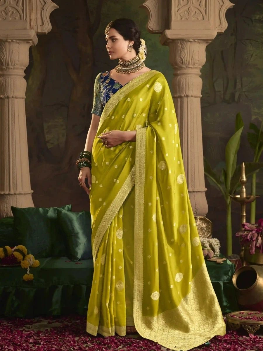 Buy Chic Lime Green Saree with Heavy Weaving Work | SilverBin
