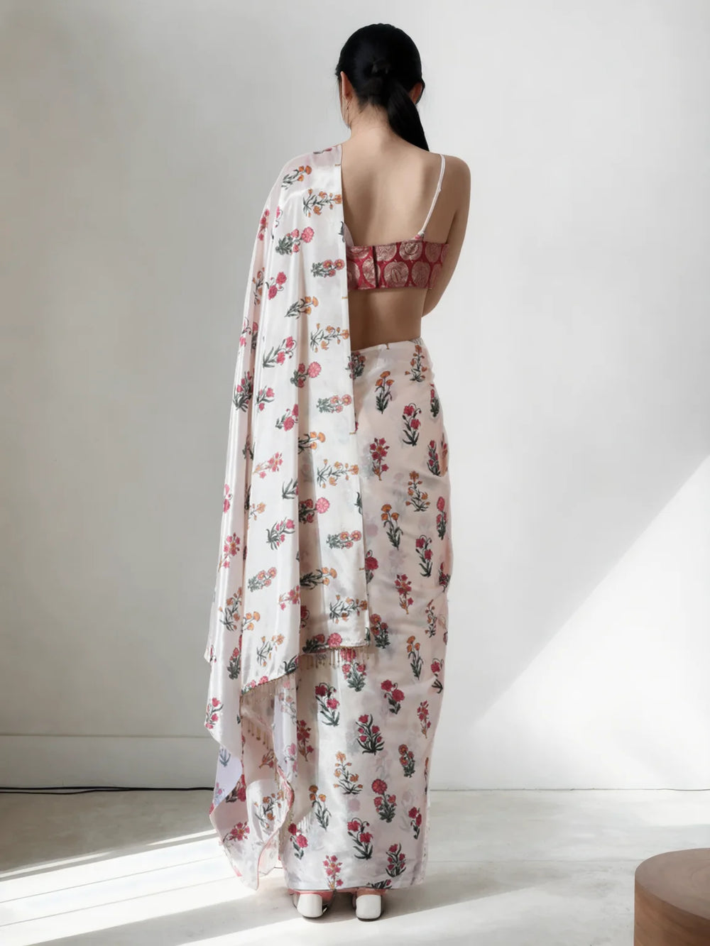 Buy Cream Chinon Saree with Lace Border 