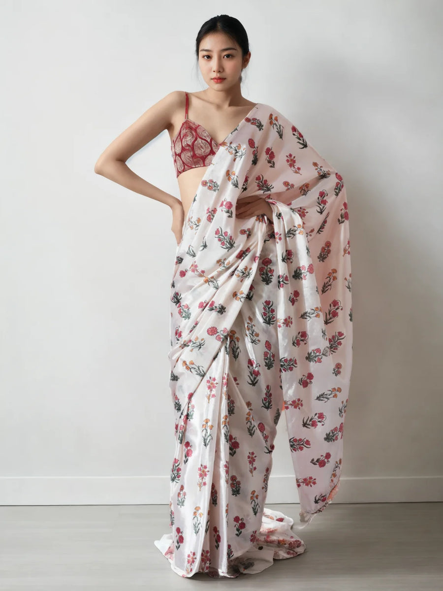 Buy Cream Chinon Saree with Lace Border at Best Prices