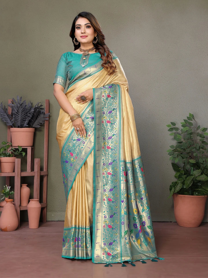 Buy Cream Luxurious Banarasi Tissue Silk Saree with Paithani Designer Work Blouse