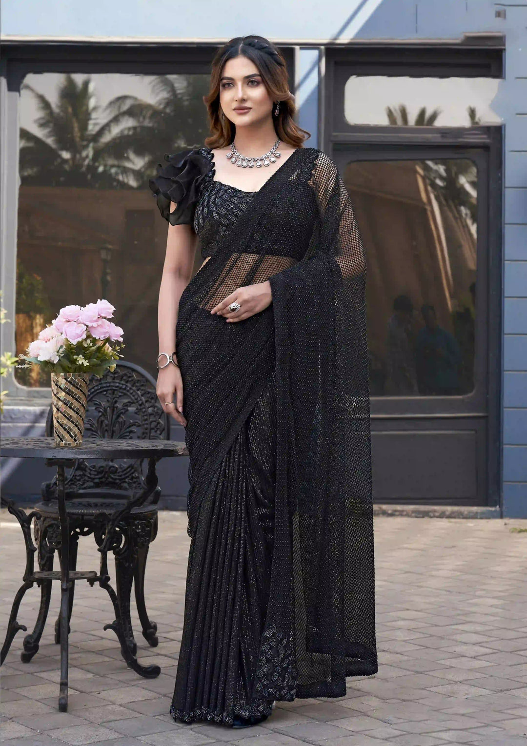 Buy Cultural Fusion Armani Tulle Black Saree 