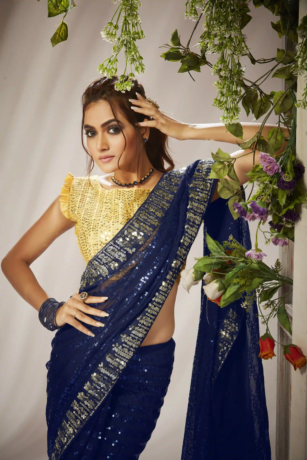Buy Dark Blue Georgette Saree with Heavy Sequin Embroidery