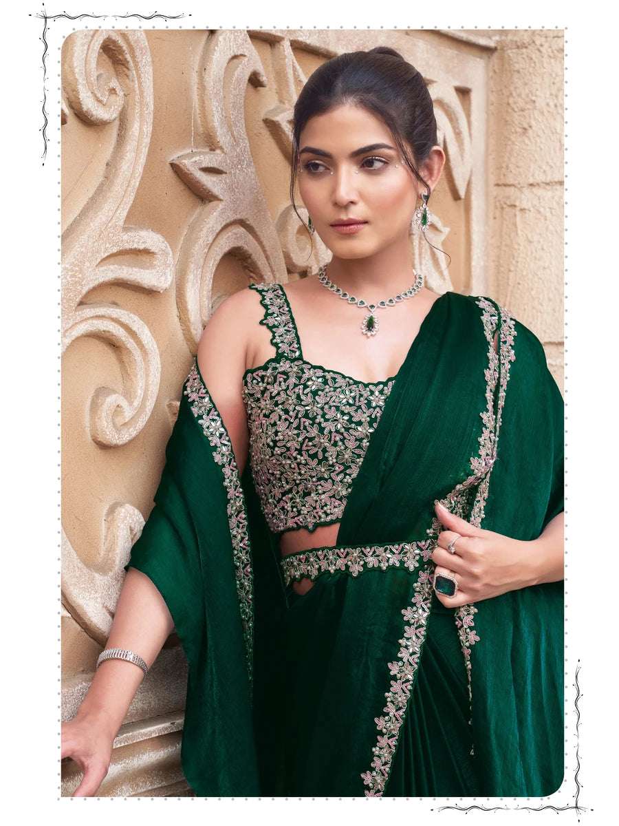 Buy Dark Green Chiffon Saree for Weddings