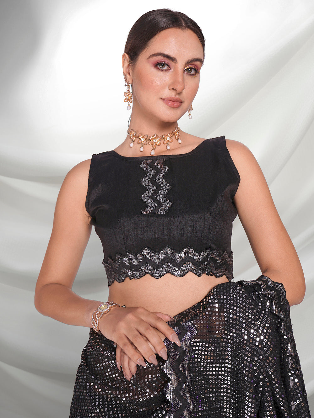 Buy Designer Black Georgette Saree with Sequins Embroidery 