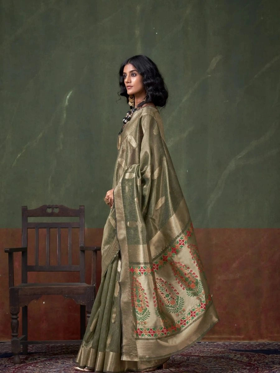 Buy Dusty Green Paithani Silk Saree with Zari – SilverBin
