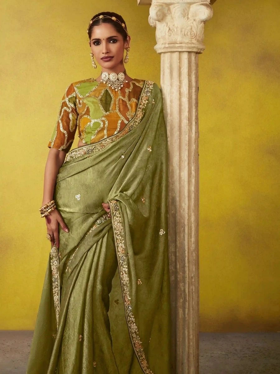 Buy Dusty Green Saree with Embroidery | SilverBin