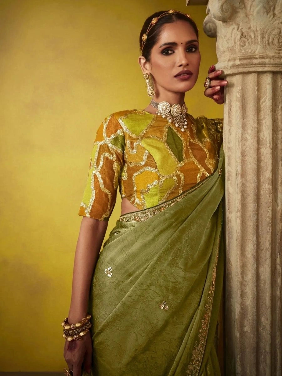 Buy Dusty Green Saree with Embroidery | SilverBin