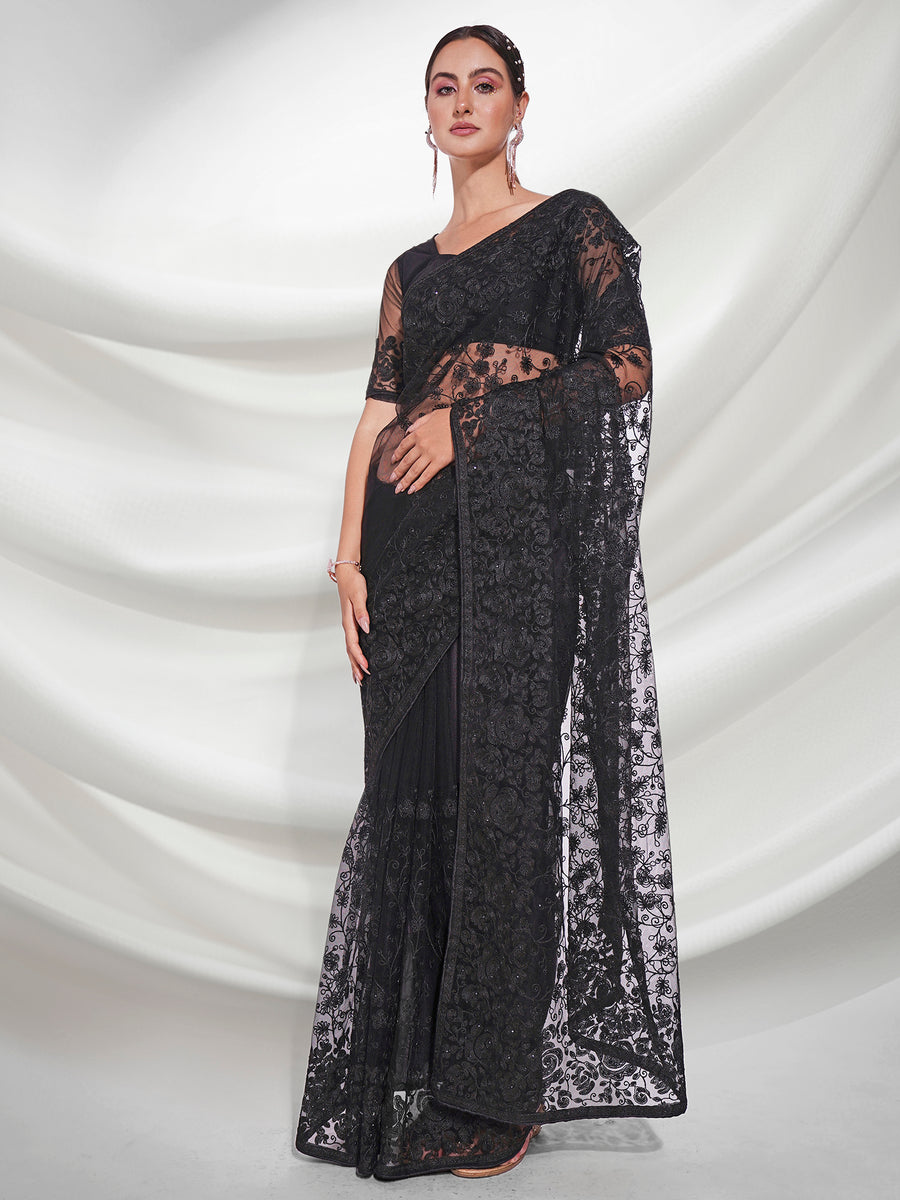 Buy Elegant Black Soft Net Saree with Thread Embroidery & Diamond Work