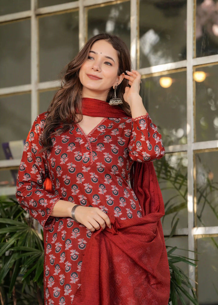 Buy Elegant Rust Cotton Salwar Kameez with Embroidery – SilverBin

