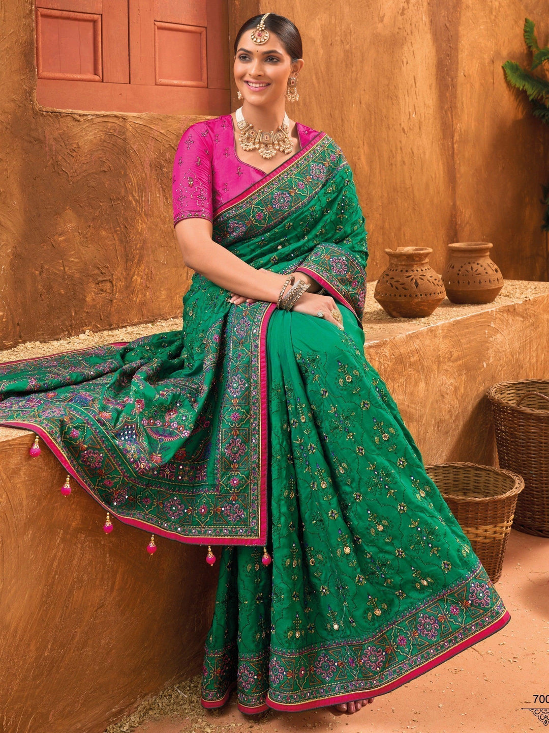 Buy Enticing Green Mirror Work Banarasi Silk Saree with Blouse