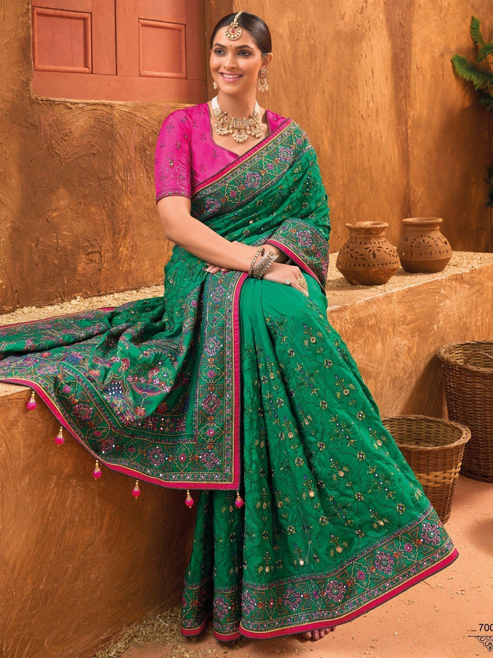 Buy Enticing Green Mirror Work Banarasi Silk Saree with Blouse