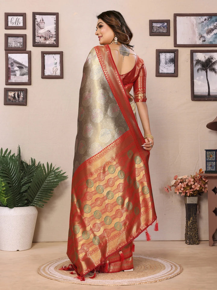 Buy Gray Banarasi Tissue Silk Saree with Paithani Design
