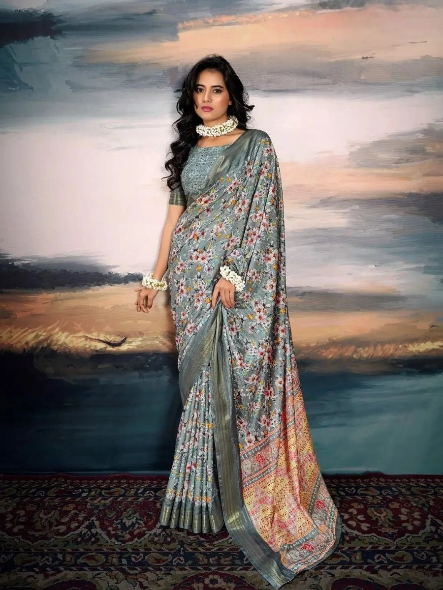 Buy Gray Cotton Silk Saree with Zari & Print at Best Prices | SilverBin