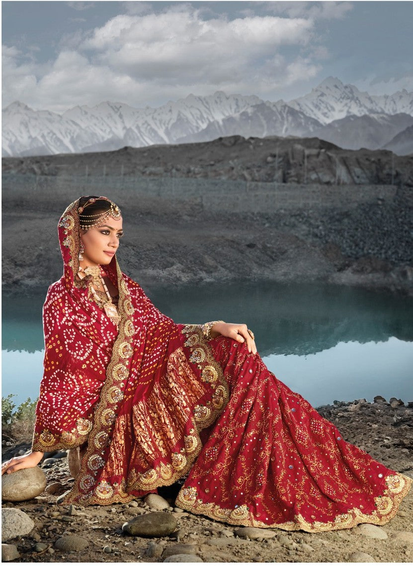 Buy Handcrafted Gajji Silk Saree with Mirrorwork in Red 