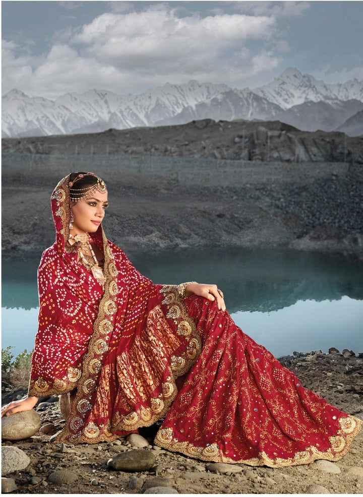 Buy Handcrafted Gajji Silk Saree with Mirrorwork in Red 