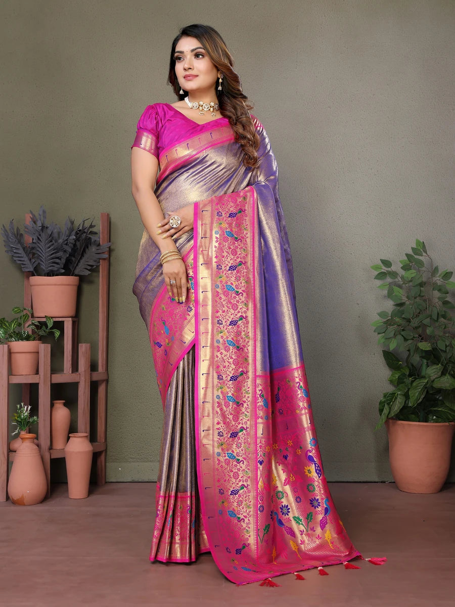 Buy Lavender Luxurious Banarasi Tissue Silk Saree with Paithani Designer Work Blouse
