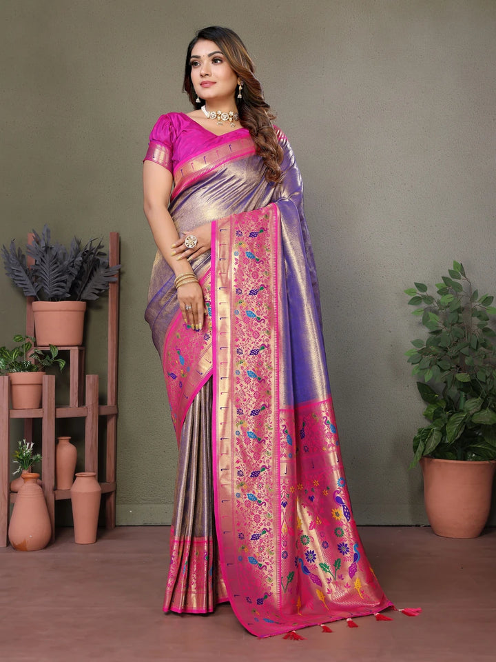 Buy Lavender Luxurious Banarasi Tissue Silk Saree with Paithani Designer Work Blouse
