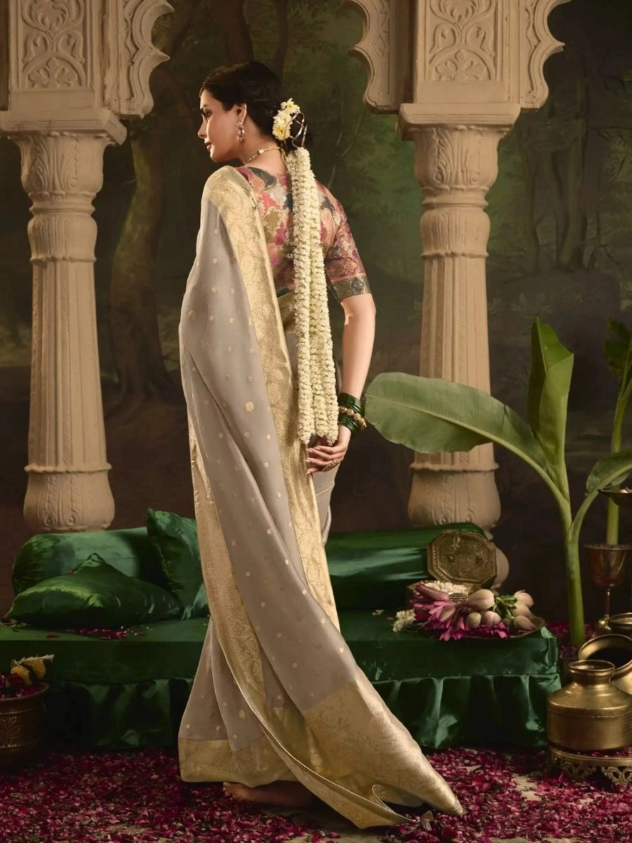 Buy Light Gray Crepe Dola Silk Saree with Weaving 