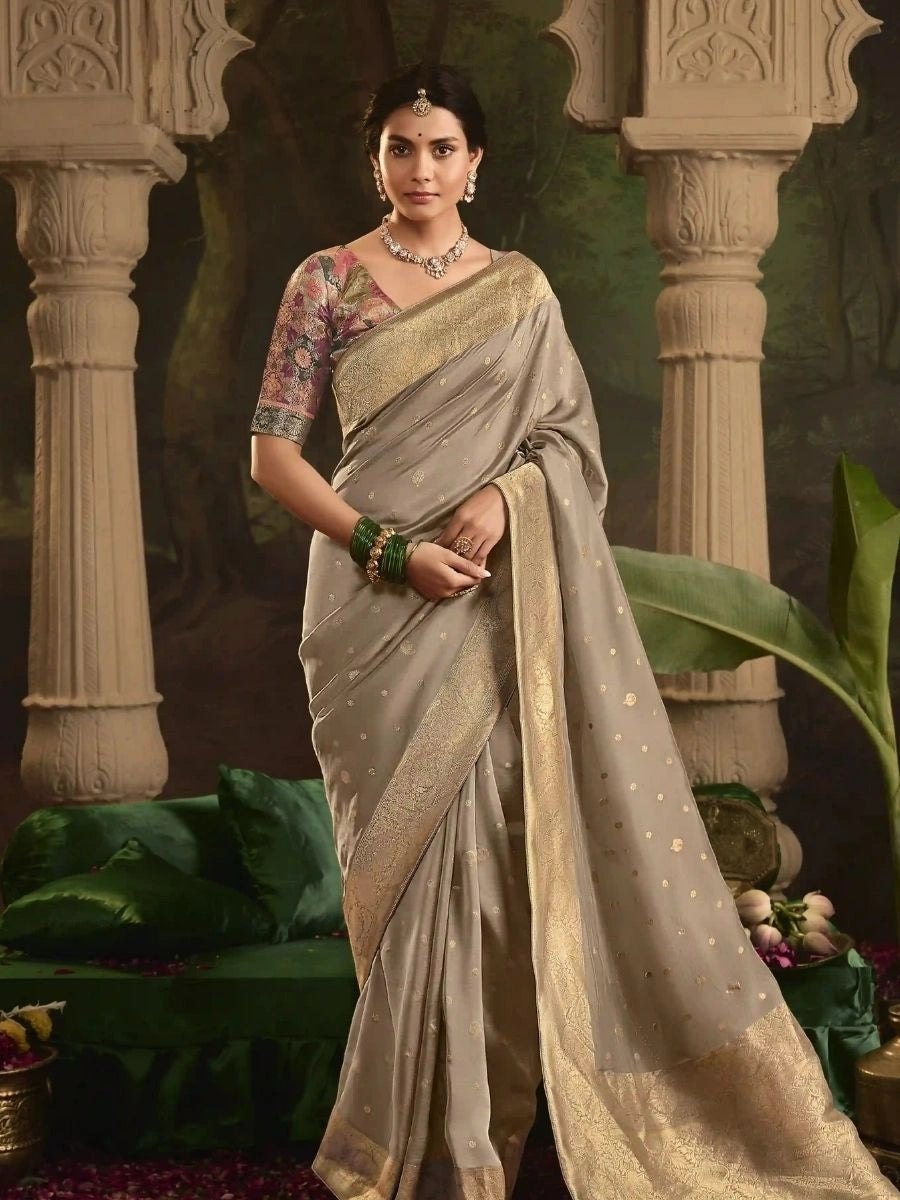 Buy Light Gray Crepe Dola Silk Saree with Weaving | SilverBin
