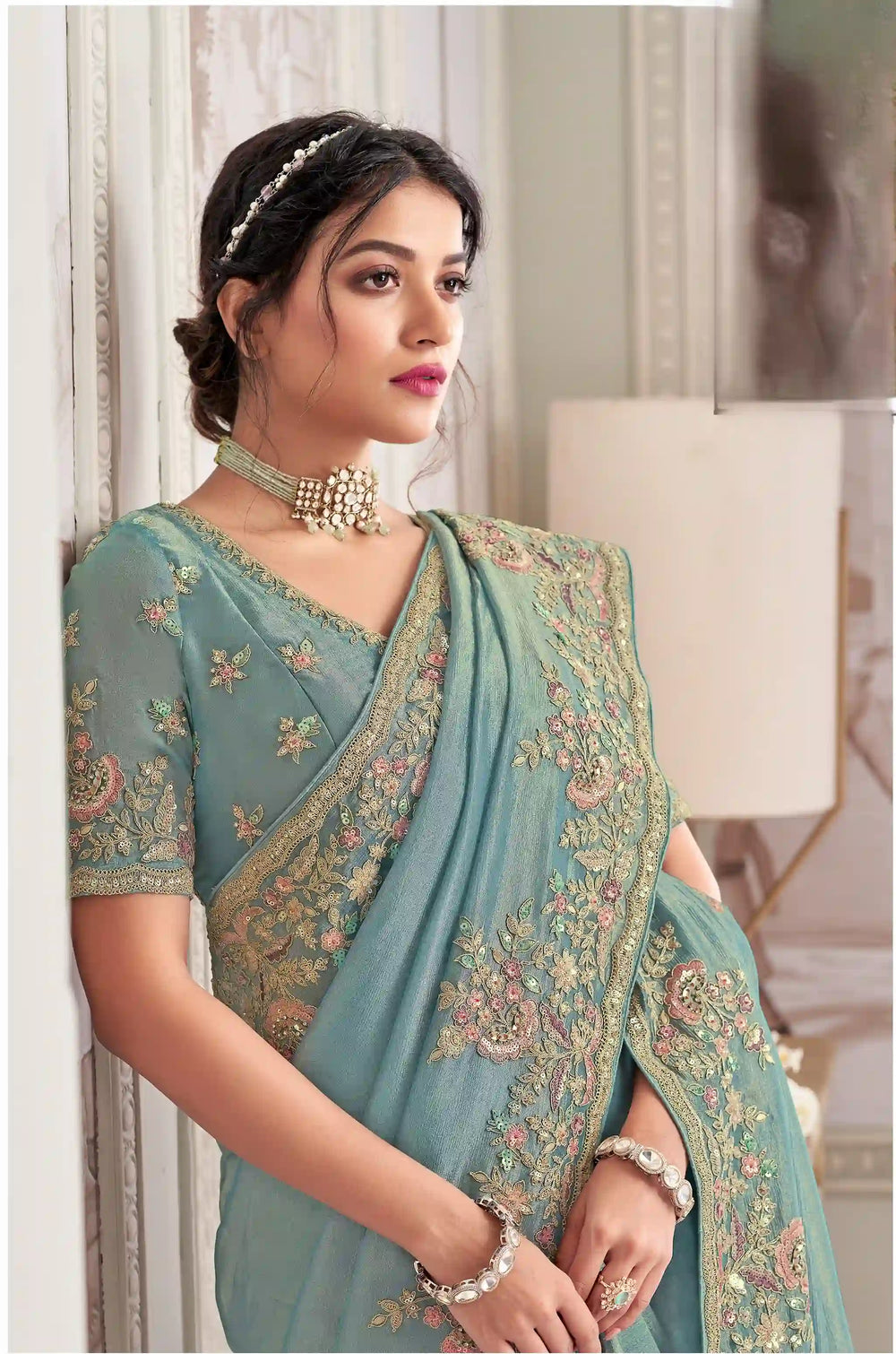Buy Light Sky Gray Organza Saree with Silk Blouse & Hand Art | Silverbin

