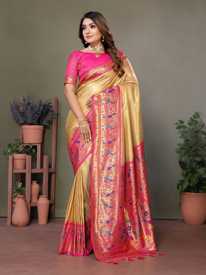 Buy Light Yellow Luxurious Banarasi Tissue Silk Saree with Paithani Designer Work Blouse
