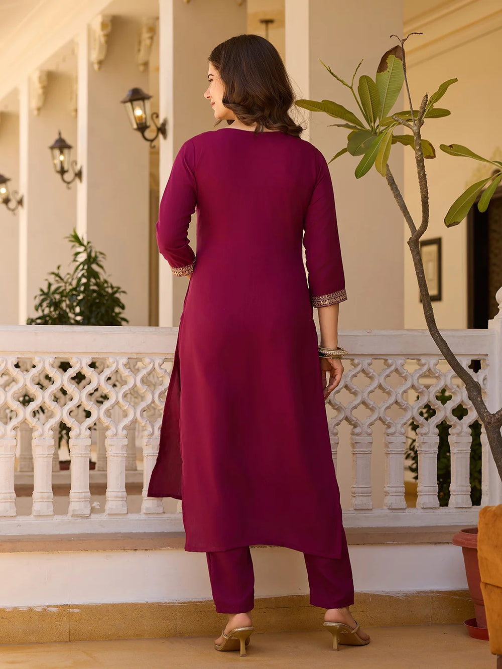 Buy Maroon Embroidered Rayon Suit with SilverBin

