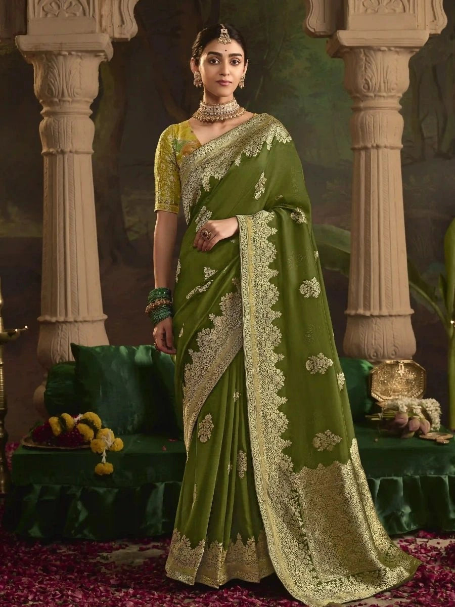 Buy Mehendi Crepe Silk Saree for Festive Wear | SilverBin
