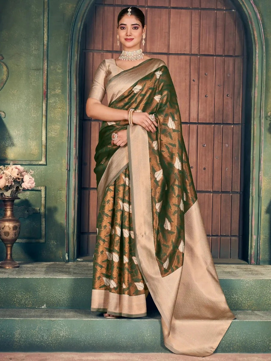 Buy Mehendi Silk Saree SilverBin