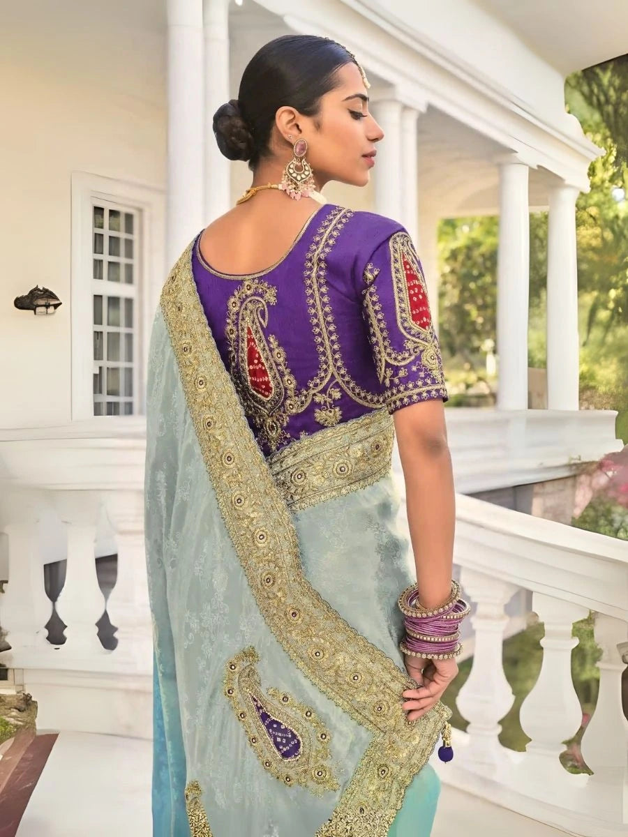 Buy Mirror Work Jacquard Saree in Grey & Blue 
