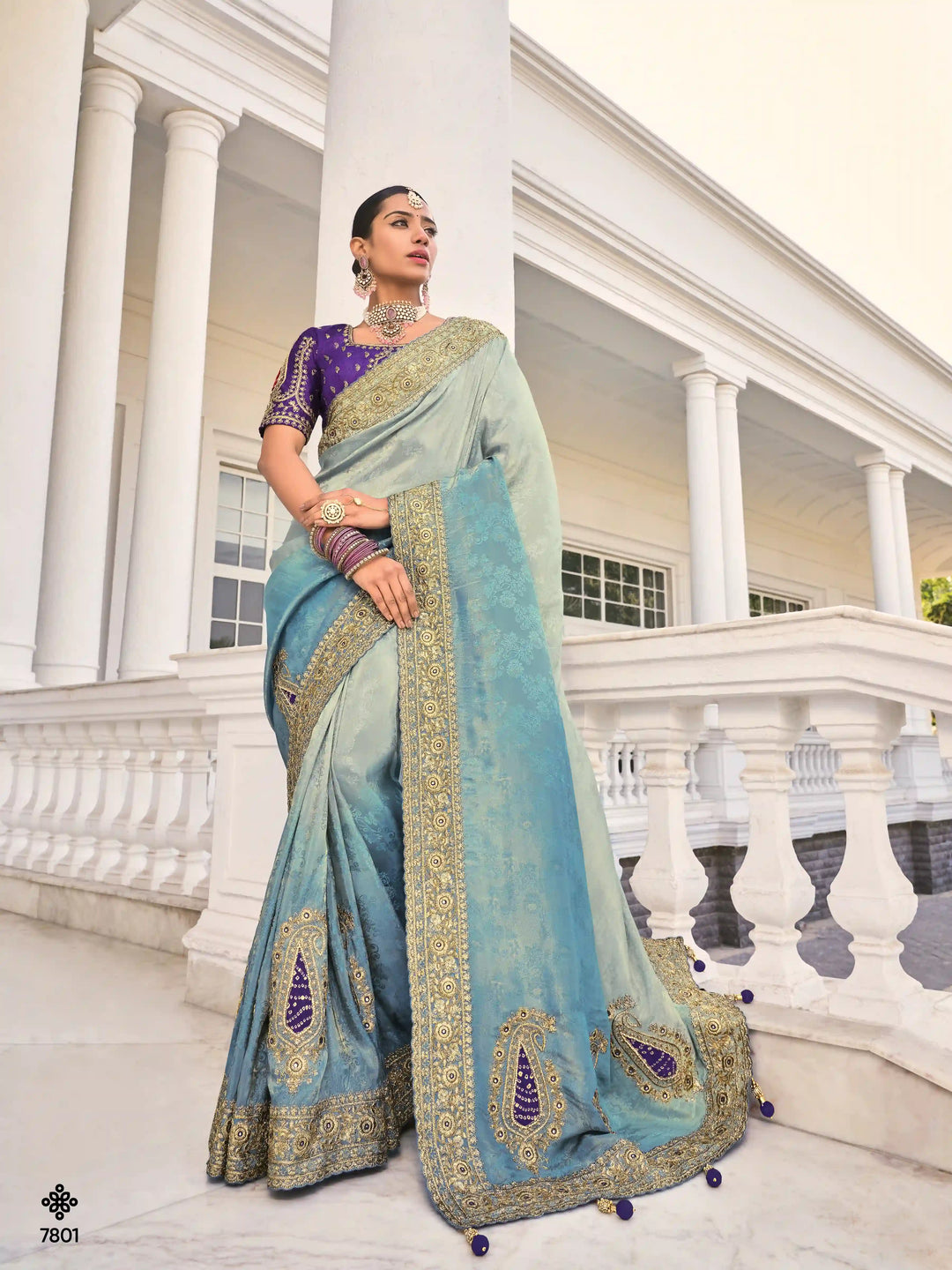 Buy Mirror Work Jacquard Saree in Grey & Blue | Silverbin
