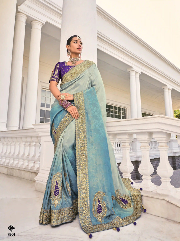 Buy Mirror Work Jacquard Saree in Grey & Blue | Silverbin