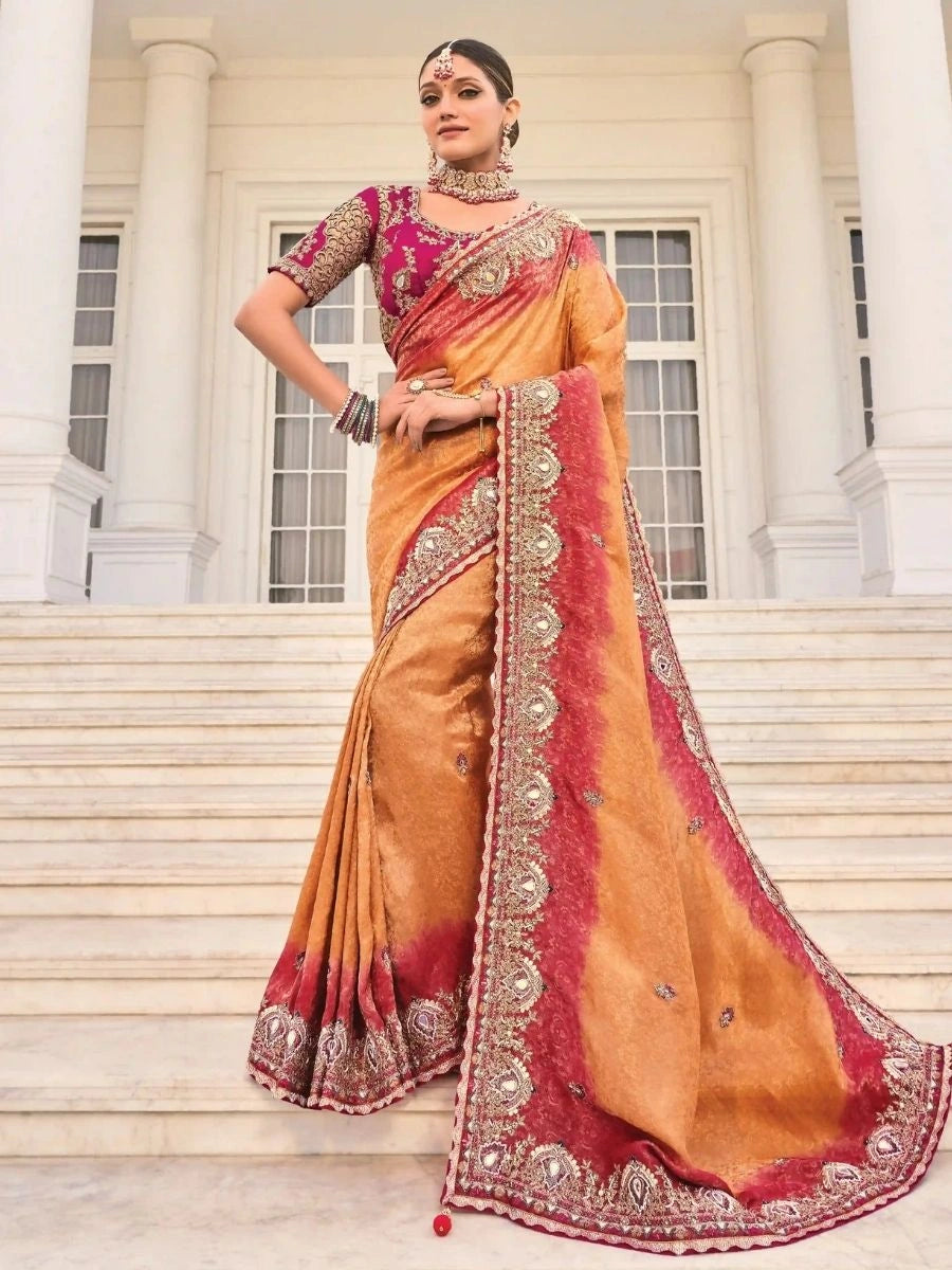Buy Multicolor Crape Jaquard Saree with Mirror Work | Silverbin