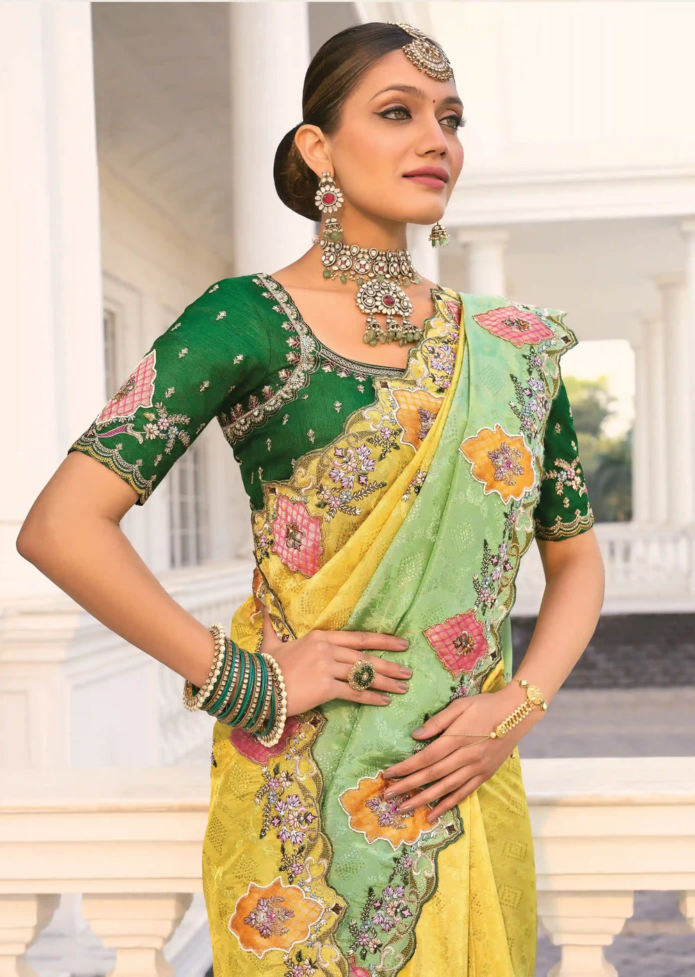 Buy Multicolor Silk Saree for Wedding with Moti Work 