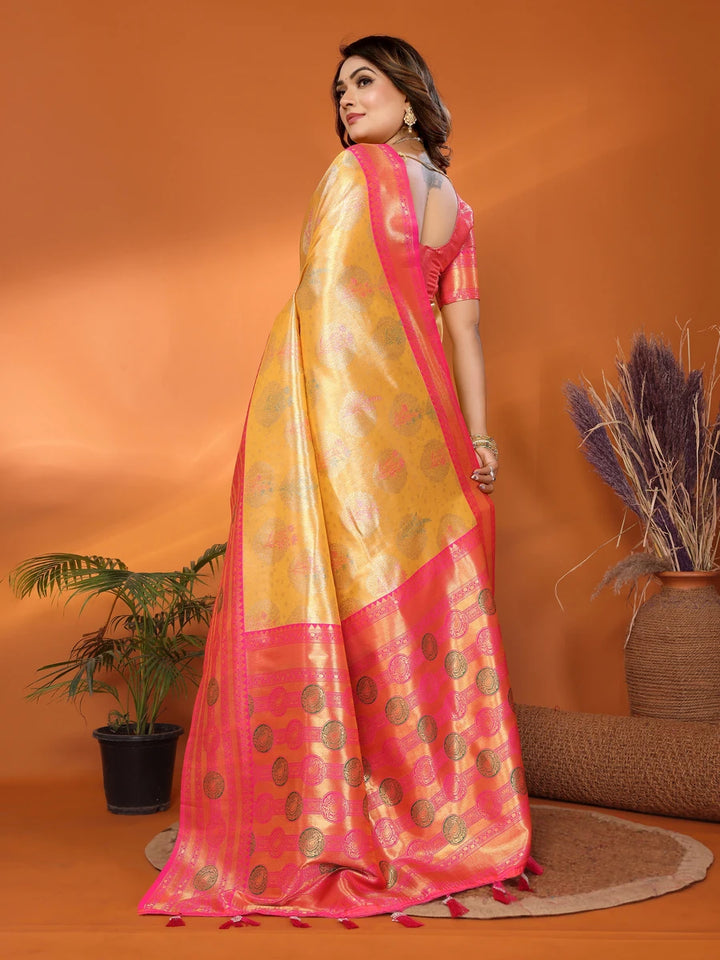 Buy Mustard Banarasi Tissue Silk Saree with Paithani Design