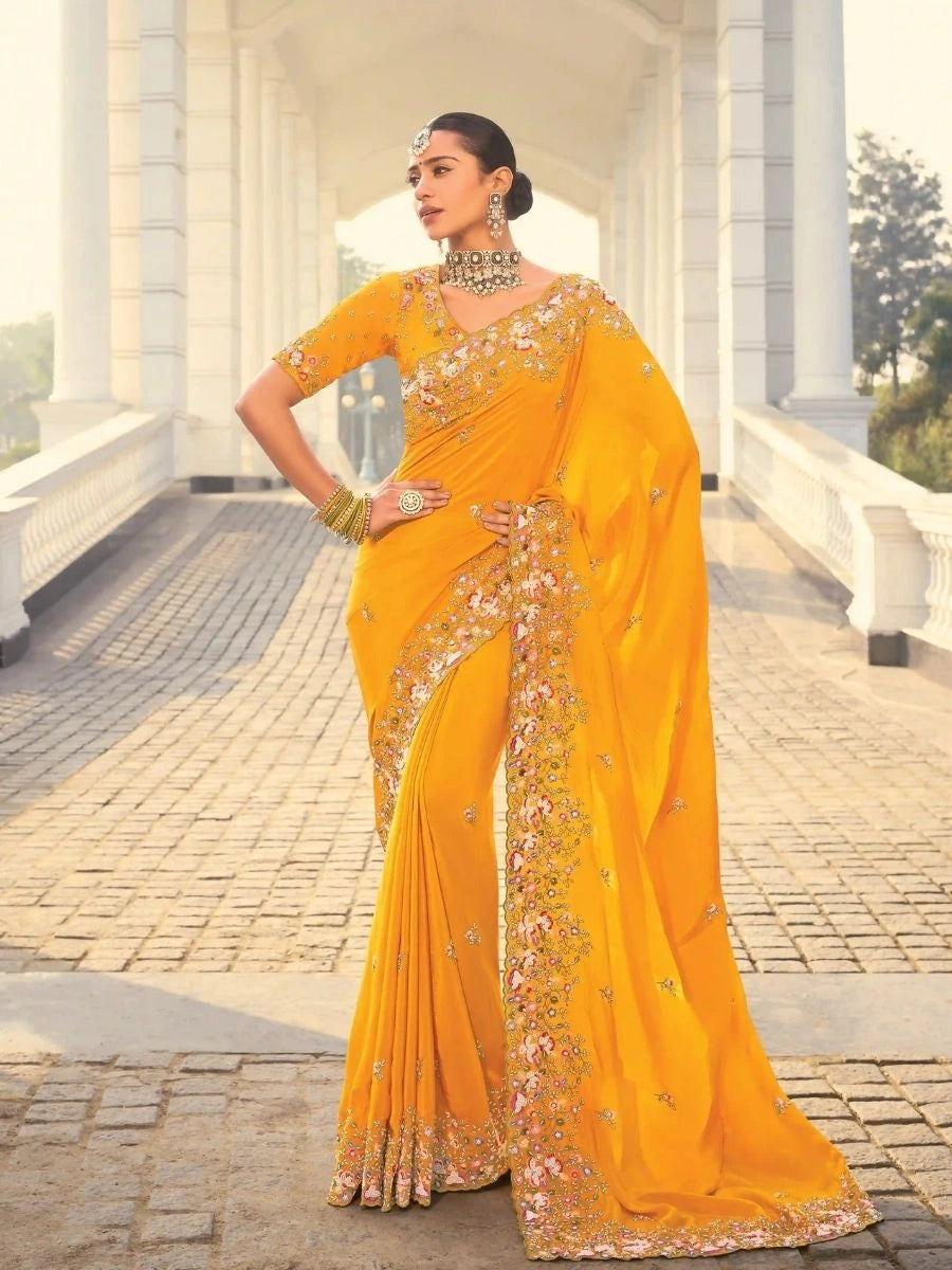 Buy Mustard Crape Saree with Heavy Moti & Jarkan Work