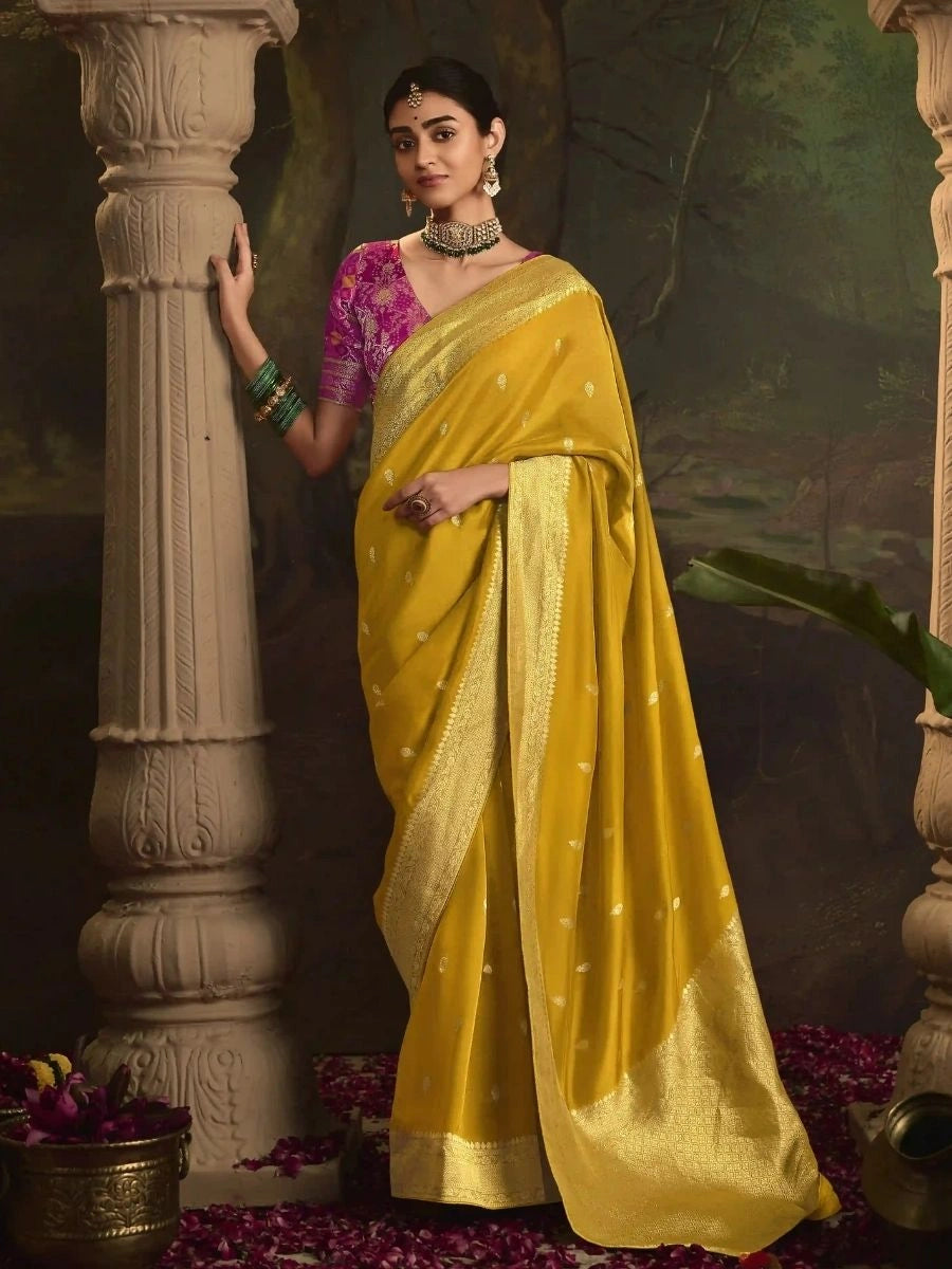 Buy Mustard Crepe Silk Saree with Heavy Weaving Pallu | SilverBin
