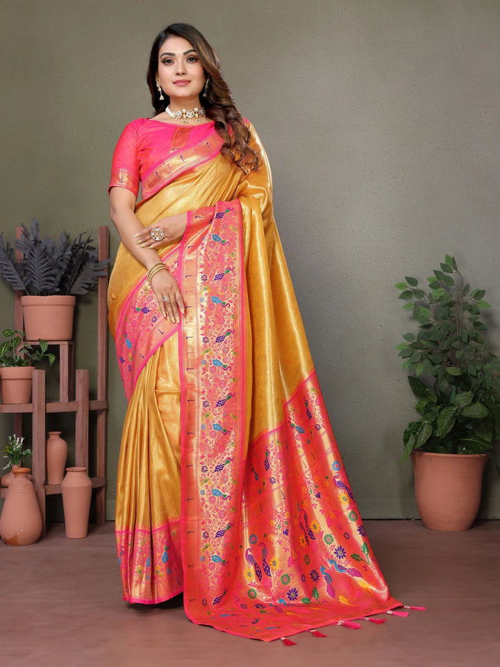 Buy Mustard Luxurious Banarasi Tissue Silk Saree with Paithani Designer Work Blouse
