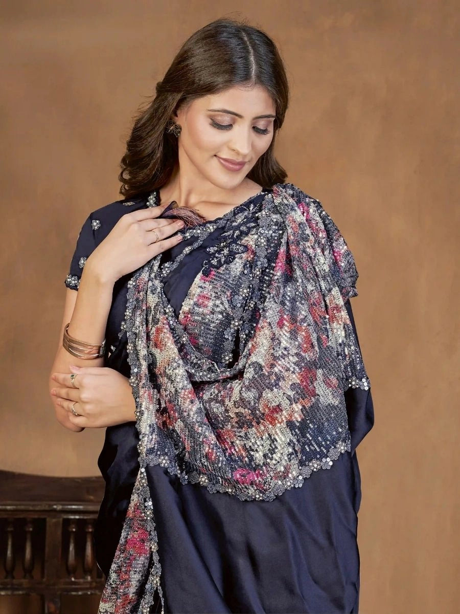 Buy Navy Crepe Saree SilverBin
