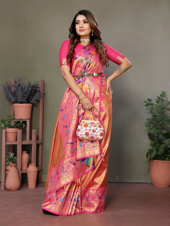 Buy Orange Luxurious Banarasi Tissue Silk Saree with Paithani Designer Work Blouse